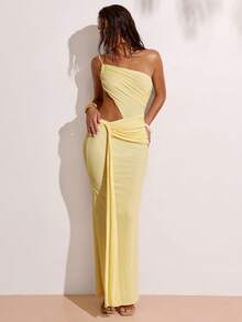 SHEIN BAE Women's Casual Vacation Ruched Waist Hollow Out Drawstring Oblique Shoulder Maxi Sexy Elegant Dress, Suitable For Beach Vacation, Girlfriend Gathering, Cocktail Party, Brunch Party, Birthday Party, Wedding, Yellow Dress, Sexy Yellow Dress - Light Yellow - View 4