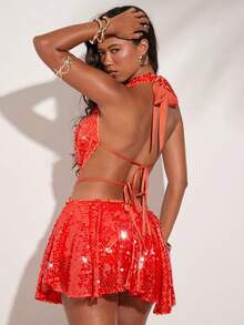 SHEIN BAE 橙色亮片镂空迷你连衣裙（内置短裤），适合夏季穿着，沙滩装，法国南部、巴厘岛、伊比沙岛度假，橙色亮片连衣裙，夜店装，约会之夜 - 橘色 - 查看 1