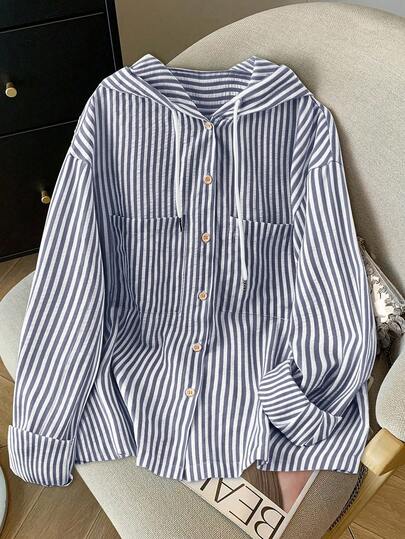 GlowEve CURVE 大码女式优雅条纹衬衫轻薄宽松连帽卫衣，适合夏季和秋季穿着，纽扣衬衫，女式连帽衬衫，蓝色条纹衬衫，长袖衬衫