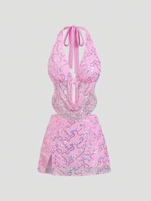 Sweetra 优雅亮片装饰露背吊带上衣和A字迷你裙套装，时尚夏季度假风女装 - 粉色 - 查看 8