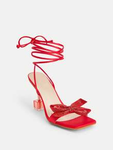 Glitzique 女性蝴蝶結和水鑽裝飾腿部繫帶設計異形高跟條帶魅力四射派對緞面高跟涼鞋 - 紅色 - 查看 7