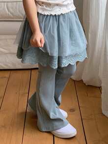 DAZY Young Girl Elastic Waist Mesh Patchwork Ruffle Hem 2 In 1 Pants - Blue - View 3