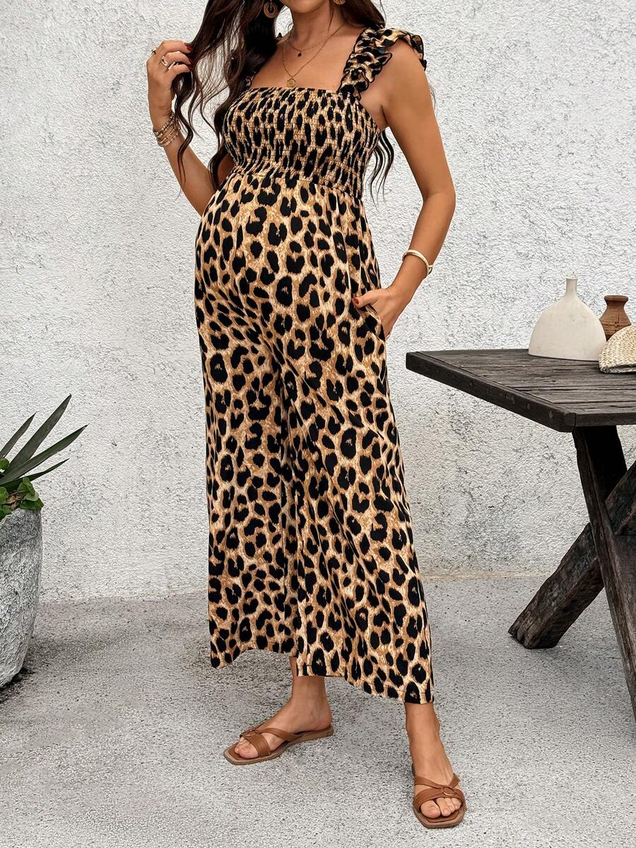 SHEIN Pregnant Women's Square Neck Cap Sleeve Ruffle Hem Leopard Print Casual Loose Jumpsuit - Brown - View 1