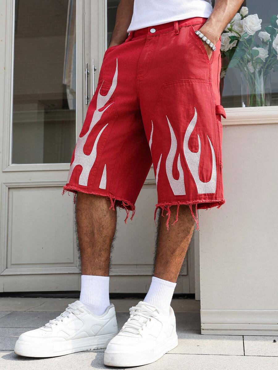 Manfinity LEGND Men's Casual Street Style Patch & Embroidered Red Denim Shorts - Flame scarlet - View 1