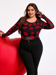 SHEIN CURVE+ 加大码/情人节/大码透视长袖上衣，万圣节，秋季/秋冬季 - 黑色 - 查看 6