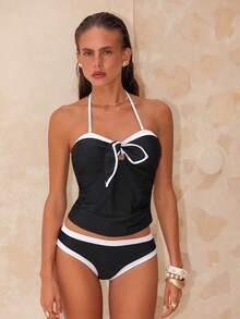 Swim Chiccia Swim Chic Sea Plain Swimwear For Women, Bow Accent Contrast Color With Detachable Halter Strap - Black and White - View 3