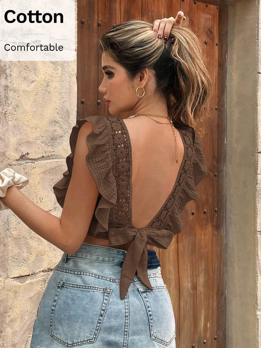 SHEIN Frenchy Blusa de unicolor sin espalda con lazo para mujer - Óxido marrón - Ver 1
