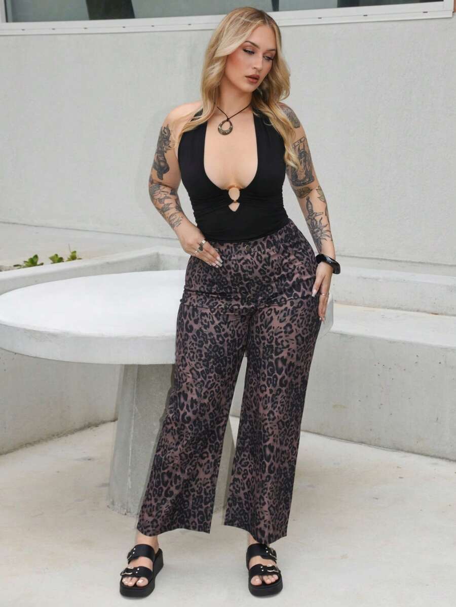 Arliah Leoparden-Muster gerade geschnittene lässige Hose mit hoher Taille und weitem, lockerem Bein - Verschiedenfarbig - Übersicht 1