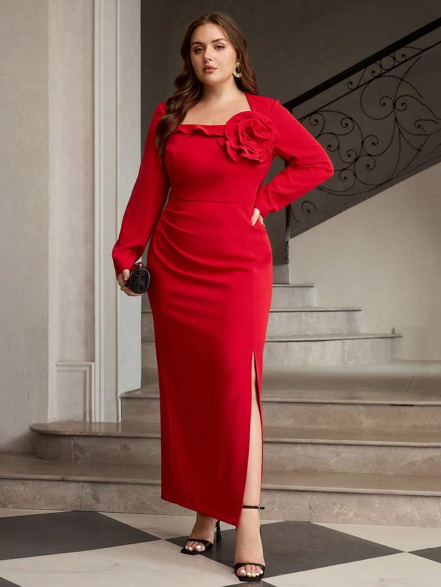 ZEYLAH Floral Embroidered Waist Cinched Elegant Dress - Red - View 1