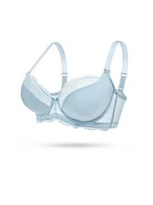 Plus  Woman Blue Lingerie Full Coverage Support&Breathable Underwire Sexy Unlined Sheer Minimizer Lace Bra - Blue - View 11