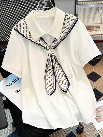 GlowEve CURVE 大码女式休闲碎花蝴蝶结领短袖衬衫