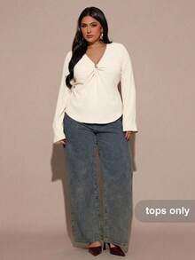 SHEIN BAE Women Plus Size V-Neck Ruffle Long Sleeve Top, Autumn/Winter - Apricot - View 6