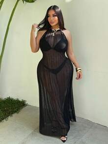 Swim SXY Vestido largo de cobertura sin mangas y transparente de unicolor para tallas grandes - Negro - Ver 4