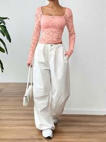 SHEIN EZwear 时尚性感方领长袖珊瑚粉蕾丝女式衬衫，春夏款 - 珊瑚粉 - 查看 6