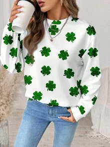 SHEIN LUNE Sudadera holgada de mujer con estampado gráfico de trébol de cuatro hojas para el Día de San Patricio - Fiestas festivas, primavera, vacaciones de primavera - Multicolor - Ver 5