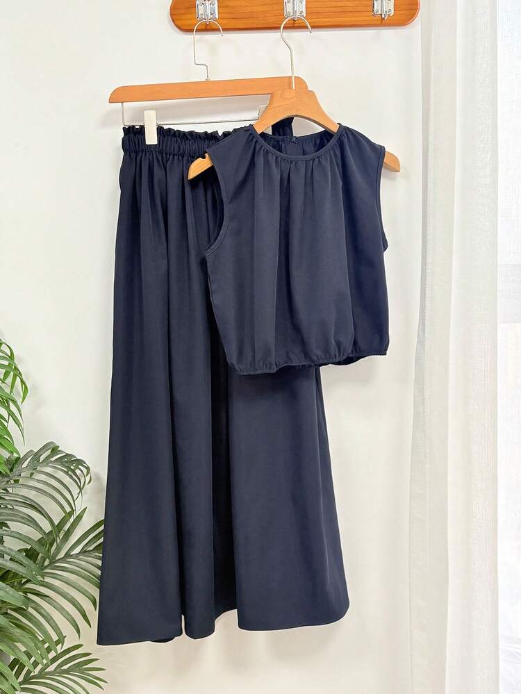 Women's Solid Color Round Neck Pleated Top And Skirt 2-Piece Casual Vacation Everyday Outfit