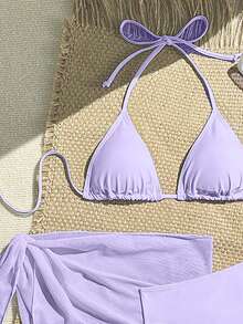 Zestiva 3件套纯色挂脖三角比基尼泳衣，夏季 - 淡紫色 - 查看 4