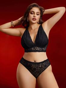 EmpressEnvy Große Größen Schwarze Spitze Patchwork Tiefer V-Ausschnitt BH und Hipster Slip Set - Schwarz - Übersicht 2