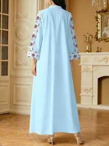 SHEIN Najma Women's Floral Digital Print Blue Elegant Long Sleeve Robe With Stand Collar, Spring/Autumn - Multicolor - View 2