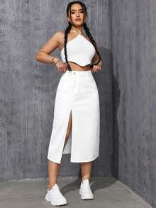 SHEIN ICON Chân váy denim nữ màu trơn, xẻ tà, thiết kế đơn giản - trắng - Xem 5