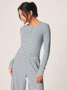 MISSGUIDED Ribbed Striped Long Sleeve Henley Button Up Bodysuit With Round Neck Classic Fitted Comfy Loungewear Essential - Multicolor - View 1
