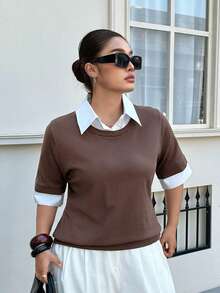 Dazy Plus Plus Size Solid Color Minimalist Short Sleeve Knit Top, Everyday Wear Summer - Brown - View 5