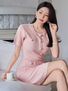 DAZY 女士优雅纯色圆领口袋毛衣连衣裙，夏季 - 粉色 - 查看 4