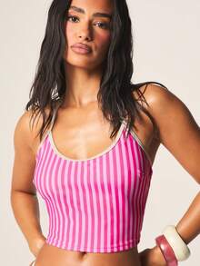 MISSGUIDED Striped Tankini Set With Halter Top And Cheeky Bottom Two Piece Swimwear For Beach Vacation Summer Pool Party - Pink - View 5