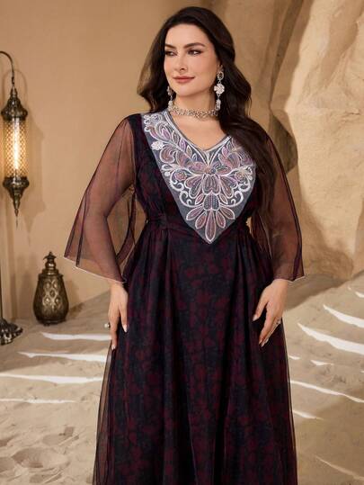 Al Najma Casual Allover Print Mesh V-Neck Waist Gathered A-Line Midi Dress, Plus Size Women's Turkish & Arabic Traditional Long Tunic, Spring/Autumn