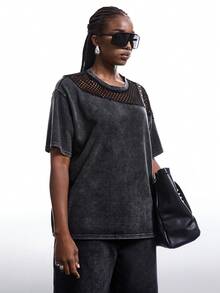 SHEIN EZwear 大码网眼拼接宽松T恤，春夏女式网眼上衣，女士超大码T恤，女士超大码破洞T恤 - 深灰色 - 查看 6