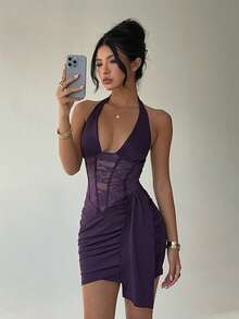 Aloruh Eggplant Purple Romantic Date Night Deep V Fishbone Lace Ruched Mini Dress - Purple - View 1