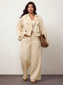 Enliva 2pcs Plus Size Casual Short Basic Windbreaker Jacket And Straight Leg Casual Pants Set, For Apple Rounded Body Shape - Apricot - View 7