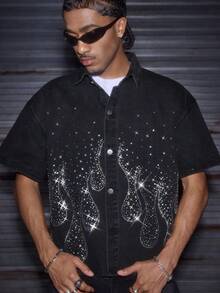 AXEPEAK Men's Washed Short Sleeve Shirt With Rhinestone Embellishment - Black - View 1