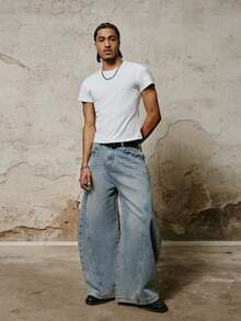 PAVTROS 男士条纹纹理修身短款T恤 - 白色 - 查看 1