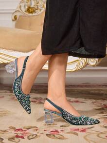CUCCOO TILAWA Women's Crystal Heel Glass Rhinestone Decor Pointed Toe High Heel Pumps, Suitable For Outings, Banquets, Parties And Other Events Valentine's Day - Green - View 4
