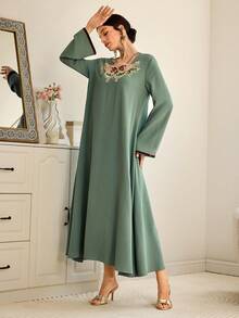 Al Najma Women's Embroidered Minimalist Long Sleeve Arabic Dress, Casual Everyday Wear - Blue - View 6