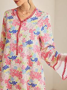 Al Najma 女士优雅印花V领阿拉伯风格连衣裙 - 粉色 - 查看 6