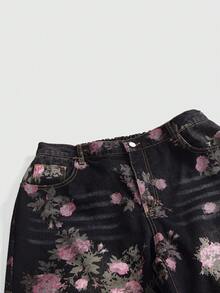 ROMWE Fairycore Quần jeans ống rộng dáng suông cỡ lớn dành cho nữ, in họa tiết hoa cổ điển, đã qua xử lý. - màu đen - Xem 3