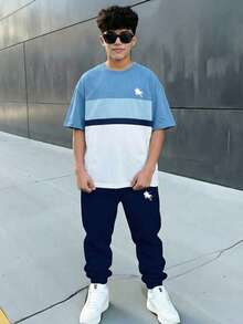 男童休闲舒适简约圆领短袖T恤和裤子套装 - 彩色 - 查看 1