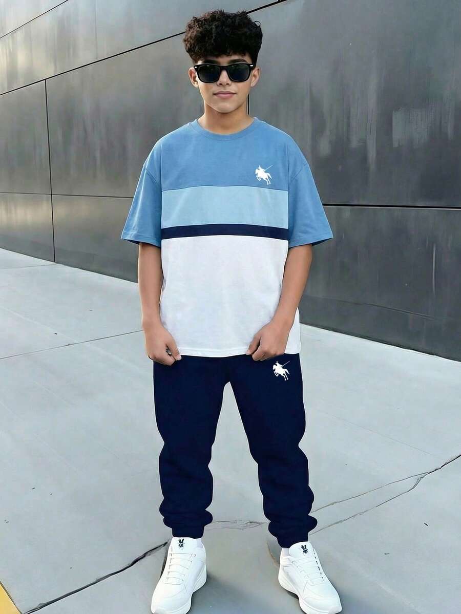 男童休闲舒适简约圆领短袖T恤和裤子套装 - 彩色 - 查看 1