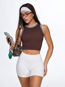 Gameset SHEIN Sport Women's Mocha Dark Brown Seamless Sport Crop,White Stripe Ribbed Trim,Supportive High-Neck,Summer Athleisure,Gym Top,Athletic Workout Sports Crop Top - Brown - View 7
