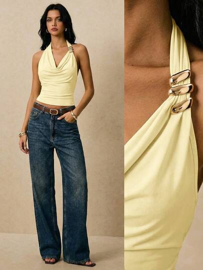 Poéselle 女士纯色垂褶领无袖修身上衣