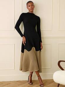 Lilora Đầm dài nữ thanh lịch phối màu, cổ cao, thắt eo, thích hợp cho mùa xuân/thu. - Nhiều màu - Xem 6