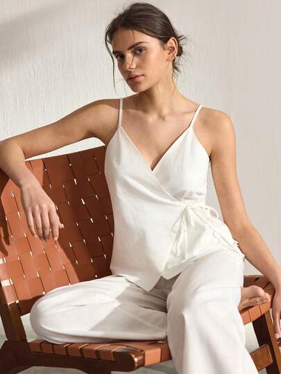 Ocili Women's Solid Color V-Neck Criss-Cross Knot Design Camisole Top And Wide Leg Pants Casual Loungewear Set