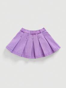 SHEIN Baby Girl Casual Washed Pleated Denim Mini Skirt, Summer - Purple - View 2