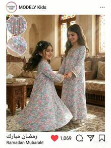 SHEIN Đầm maxi dài tay họa tiết hoa nhí cho bé gái 4-7 tuổi, kiểu dáng mùa xuân/hè, có bèo nhún, thời trang và thanh lịch, phù hợp mặc hàng ngày, đi nghỉ mát, đi học và các hoạt động ngoài trời. - Nhiều màu - Xem 6