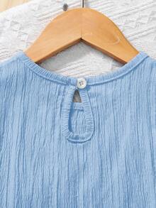 SHEIN Elladie kids Set de 2 piezas con top sin mangas de cuello redondo y unicolor, y shorts sueltos de unicolor tejidos para niña joven - Celeste - Ver 6