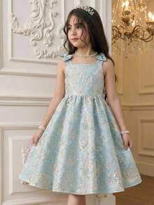 SHEIN فستان كاجوال بدون أكمام مزخرف بزهور صغيرة للفتيات الصغيرات - ازرق وابيض - مشاهدة 2