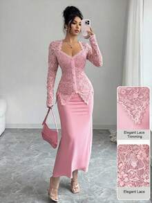 Modelyn Square Neck Lace Patchwork Button Waist Fitted Midi Dress For Women - Pink - View 5