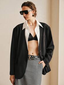 Arave Áo khoác nữ dáng rộng vai, thiết kế 2 trong 1 với cổ áo sơ mi có thể tháo rời, phù hợp cho hai kiểu mặc, thích hợp cho đi làm hàng ngày hoặc làm áo vest công sở, trang phục ngày Valentine cho nữ, đám cưới và các sự kiện. - màu đen - Xem 4